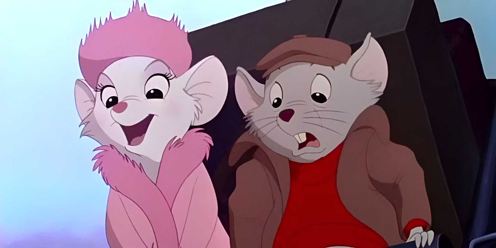 Bernard looks terrified as Miss Bianca looks thrilled in The Rescuers Down Under.