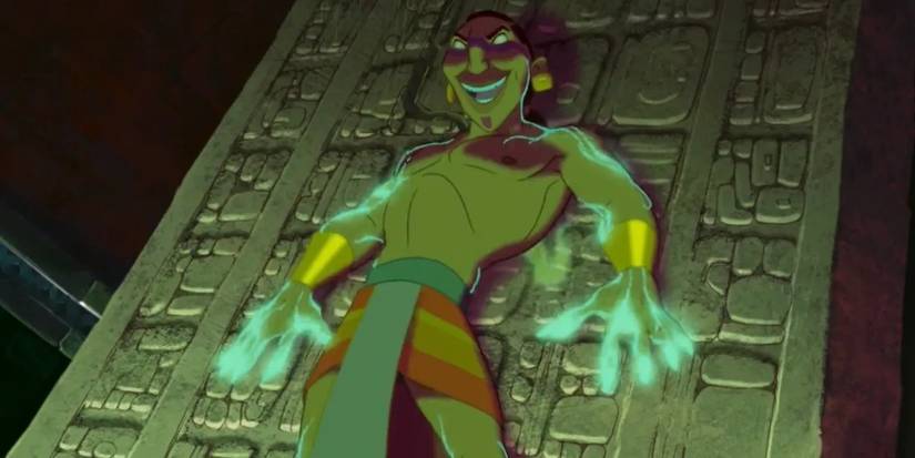 Tzekel-Kan leaning against a stone wall while dark magic courses through him