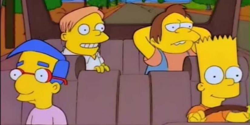 Milhouse, Nelson, Martin, and Bart in a car in 'The Simpsons' Season 7, Episode 20 "Bart on the Road"