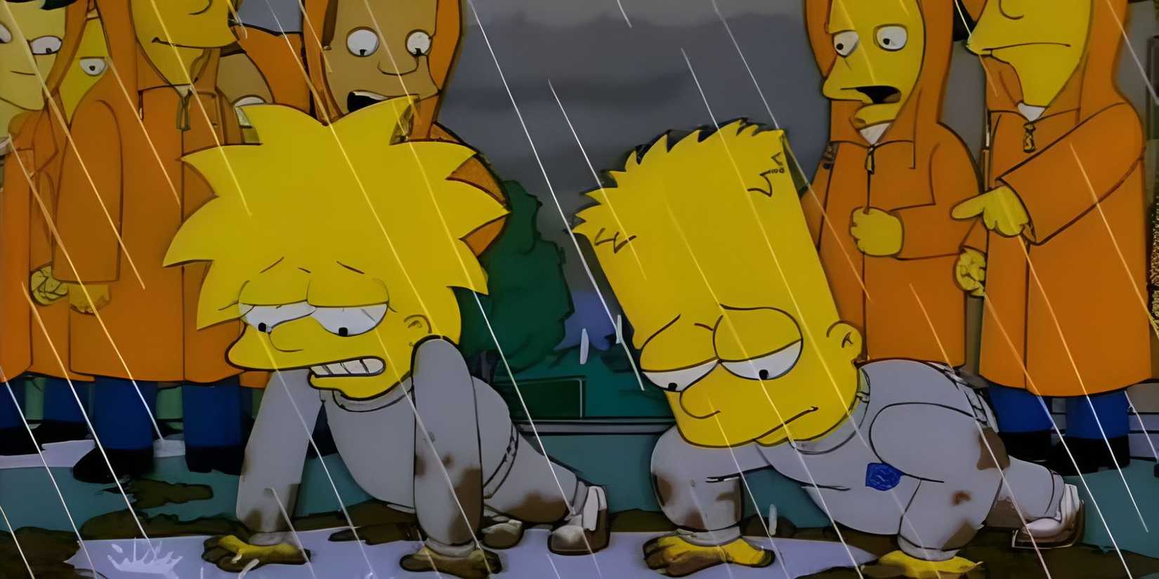 Lisa and Bart do push-ups in the rain and look sad in The Simpsons episode The Secret War of Lisa Simpson.