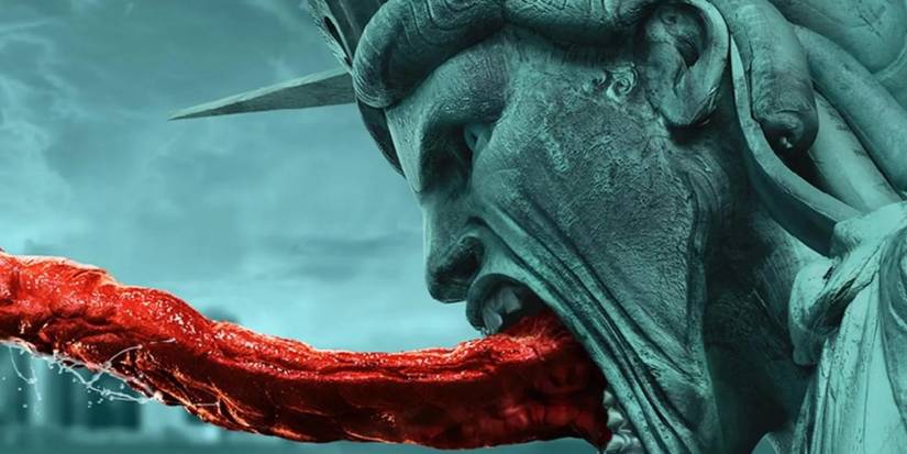La statue de la Liberté avec une grande langue rouge dans une photo promo de la saison 3 de The Strain.