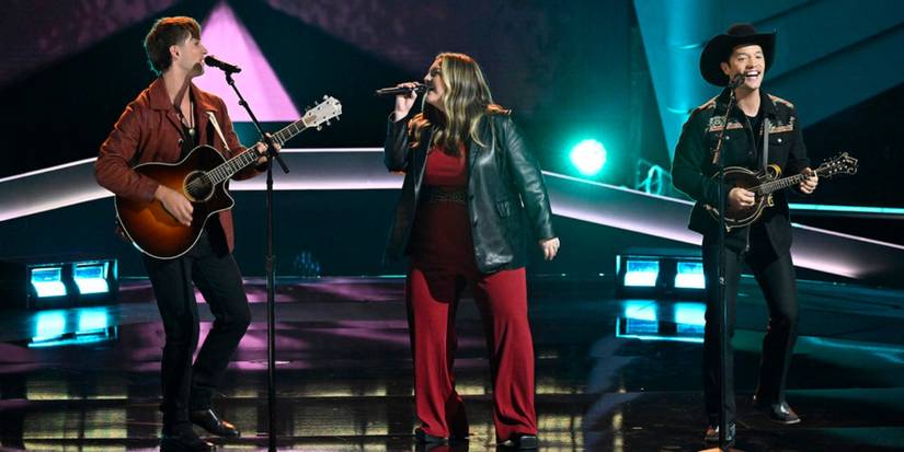 Dylan John, Emily Clapp, and Kollin Bailey of Dek of Hearts during the Blind Auditions of 'The Voice' Season 28.
