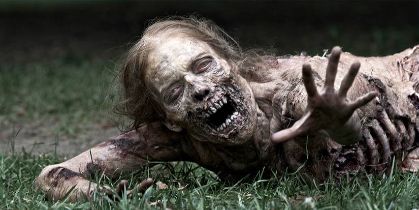 A walker from the pilot episode of The Walking Dead with its torso ripped in half.