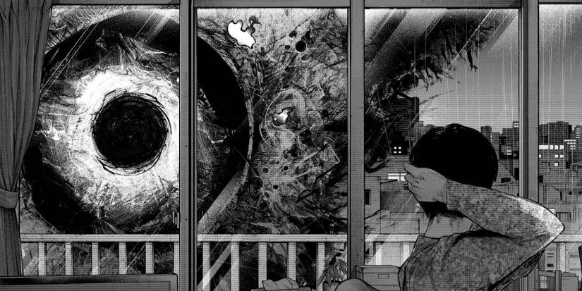 Seorang anak laki-laki melihat ke luar jendelanya untuk melihat bola mata raksasa di Tokyo Ghoul