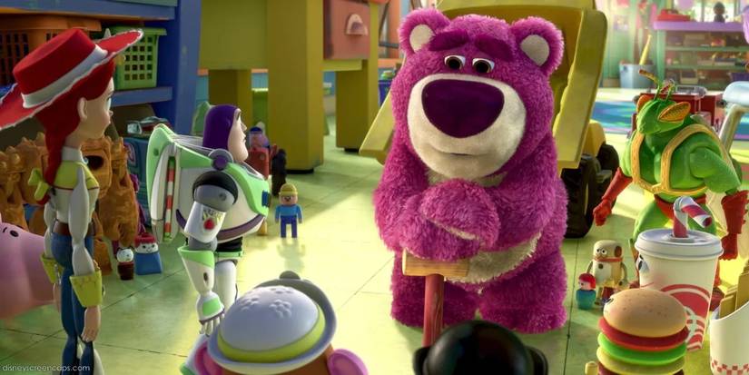 Lots-O'-Huggin Bear meets with Buzz, Jessie, and the rest of Andy's toys.