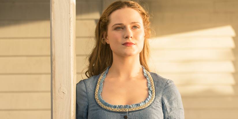 Evan Rachel Wood stands on a porch in Westworld