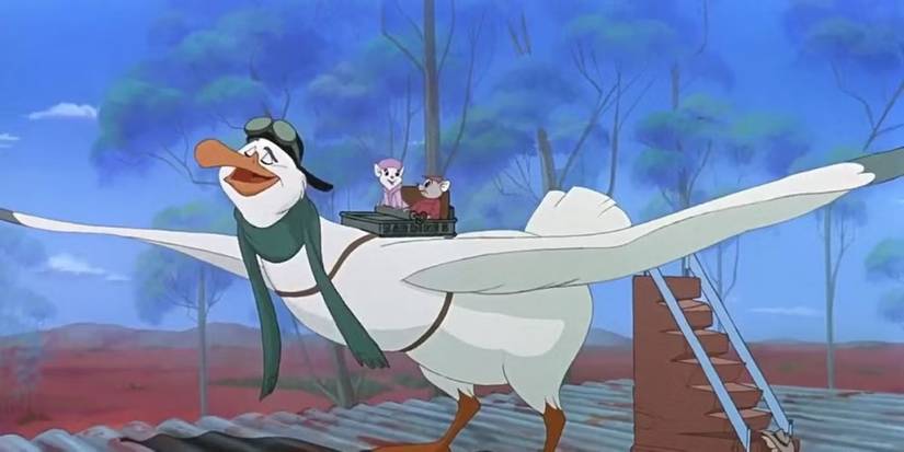 Bernard and Miss Bianca ride on the back of Wilbur the albatross in The Rescuers Down Under.
