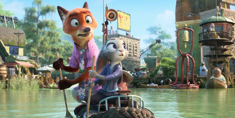 Nicke WIlde and Judy Hopps paddling through the water at Marsh Market in Zootopia 2
