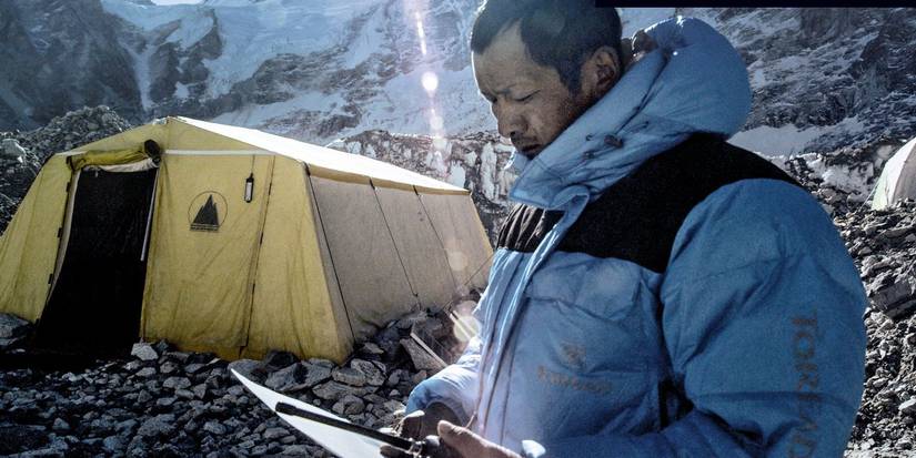 Phurba Tashi looking at a map on Mount Everest in the documentary Sherpa