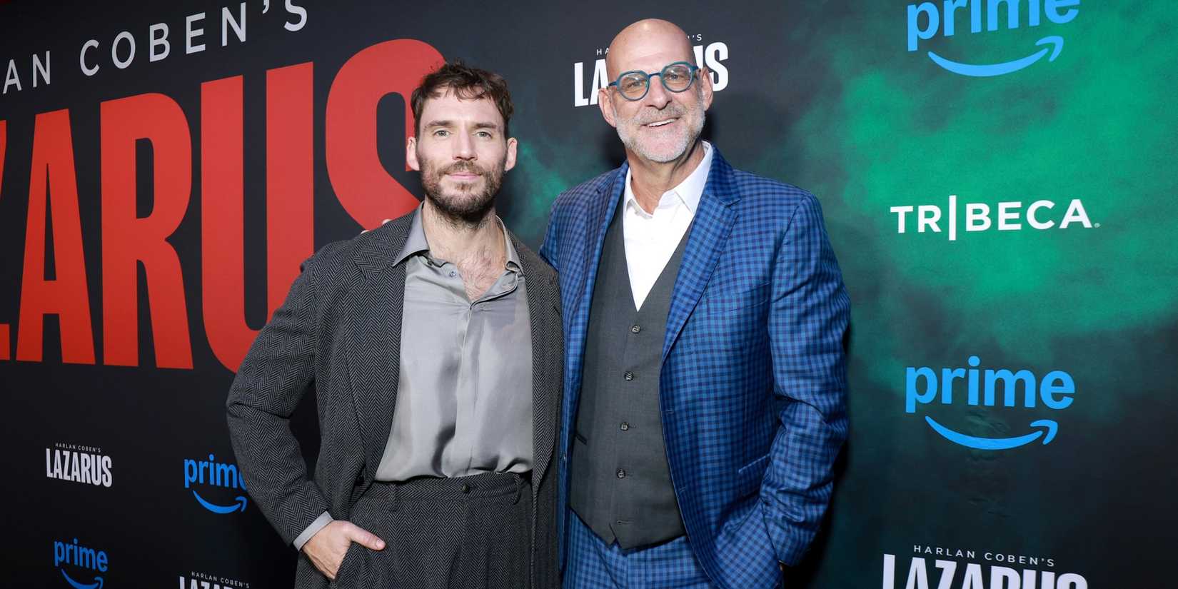 Sam Claflin and creator/writer Harlan Coben on the red carpet poses at the premiere screening of Lazarus