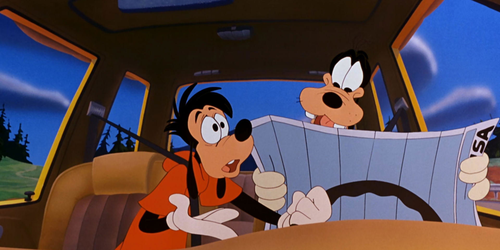 Max takes the wheel as Goofy stares at a map in the car in A Goofy Movie.