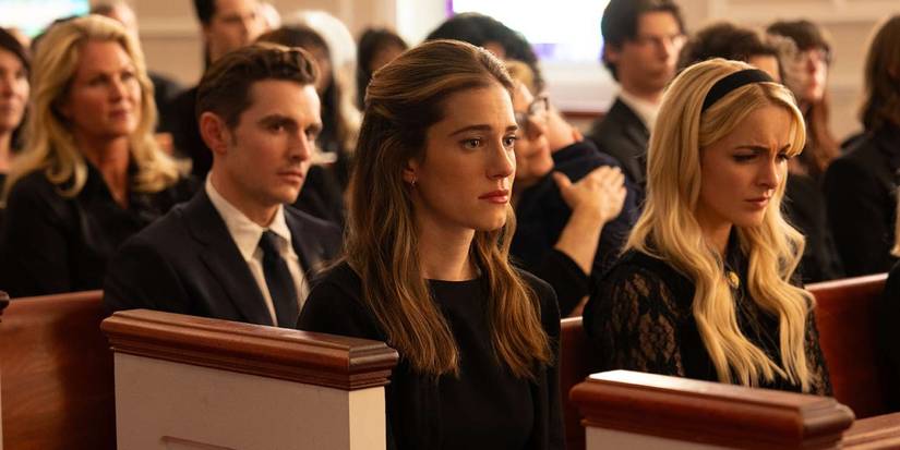 Allison Williams sitting next to McKenna Grace at a funeral in 'Regretting You'.