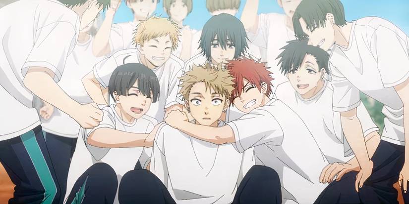 Rintaro and his friends after winning the baseball match at the sports festival 