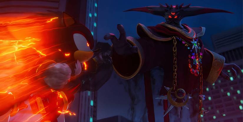 Shadow dashing through the air at Black Doom in Sonic X Shadow Generations