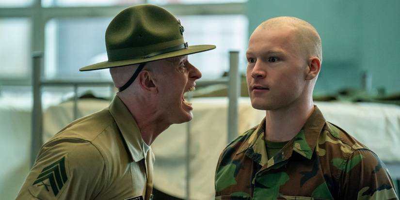 Nicholas Logan as Sergeant Cary Wayne Howitt yells at Angus O'Brien as Thaddeus Hicks in 'Boots.'
