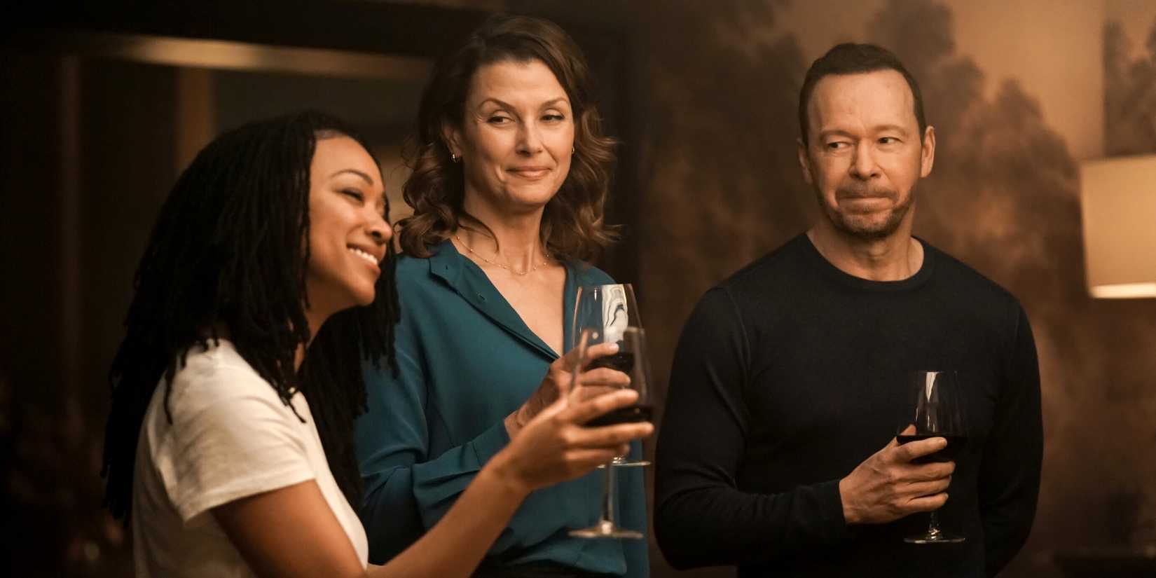 Sonequa Martin-Green as Lena with Donnie Wahlberg and Bridget Moynahan as Reagan siblings in Boston Blue