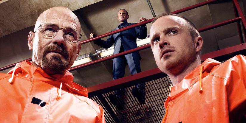 Bryan Cranston and Aaron Paul in Breaking Bad with Giancarlo Esposito behind them