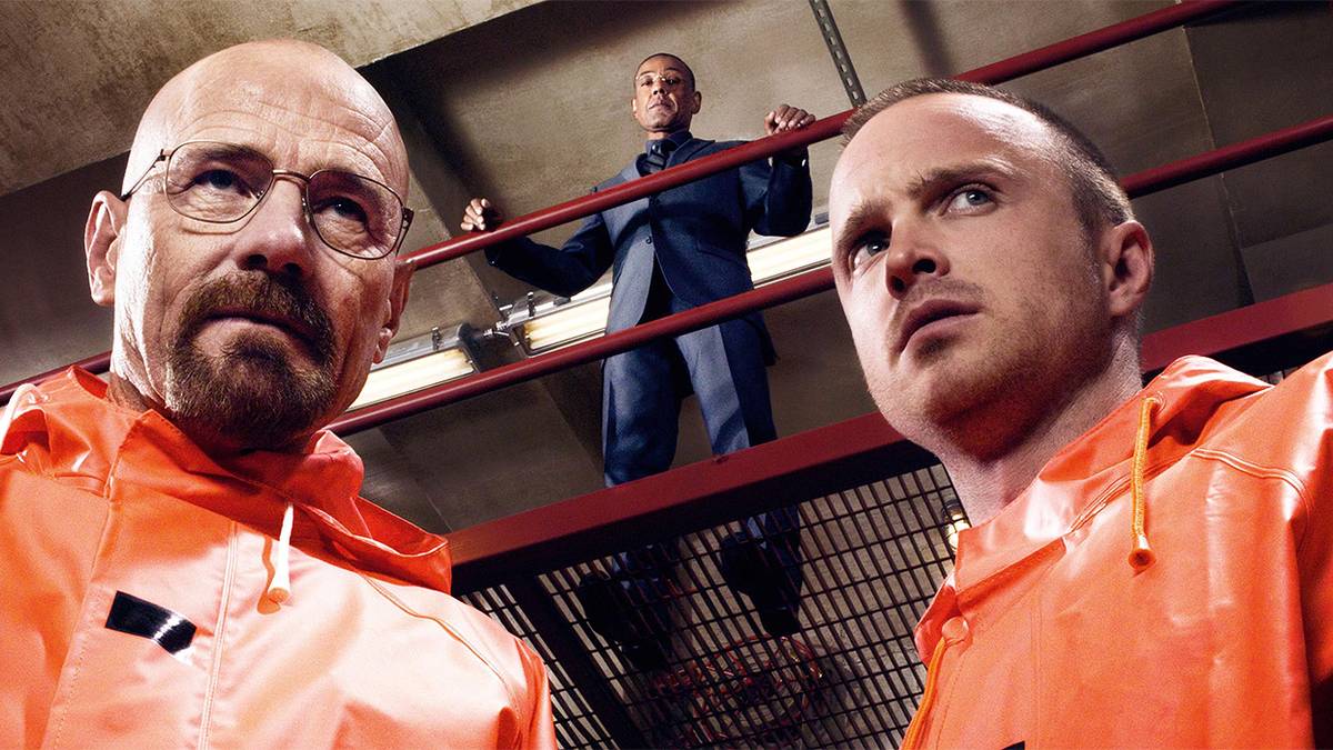 Bryan Cranston and Aaron Paul in Breaking Bad with Giancarlo Esposito behind them