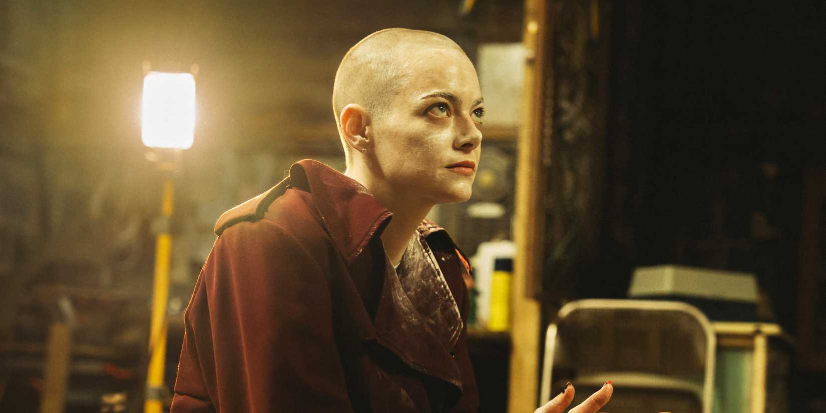 Emma Stone, bald, sits in front of a free-standing light in Bugonia