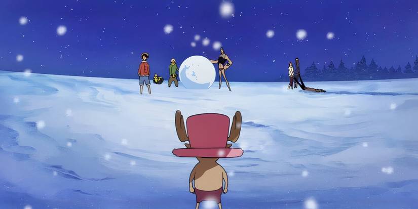 Chopper standing in front of the Straw Hats making a snowball in One Piece: Episode of Chopper Plus: Bloom in the Winter, Miracle Cherry Blossom