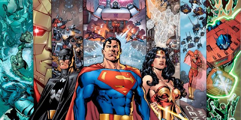 The DC Trinity standing in front of many scenes with Transformers and DC character crossovers from DC Comics