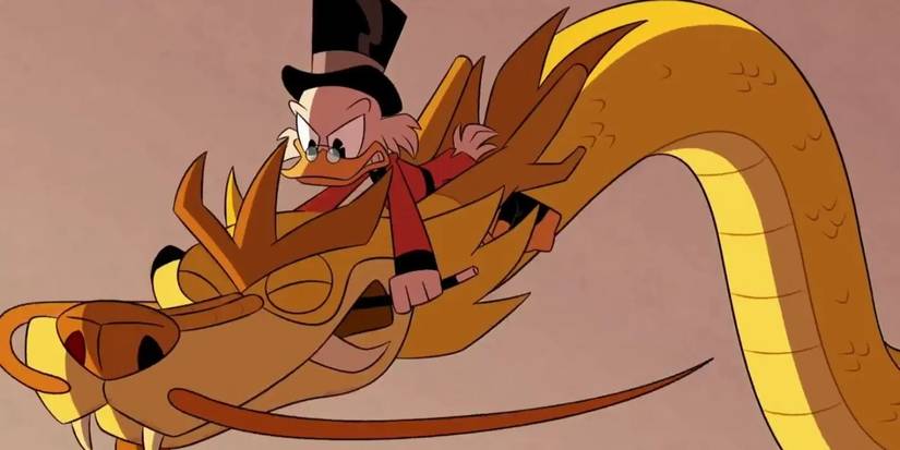 Scrooge McDuck wrestling with Pixiu, a dragon, in DuckTales.