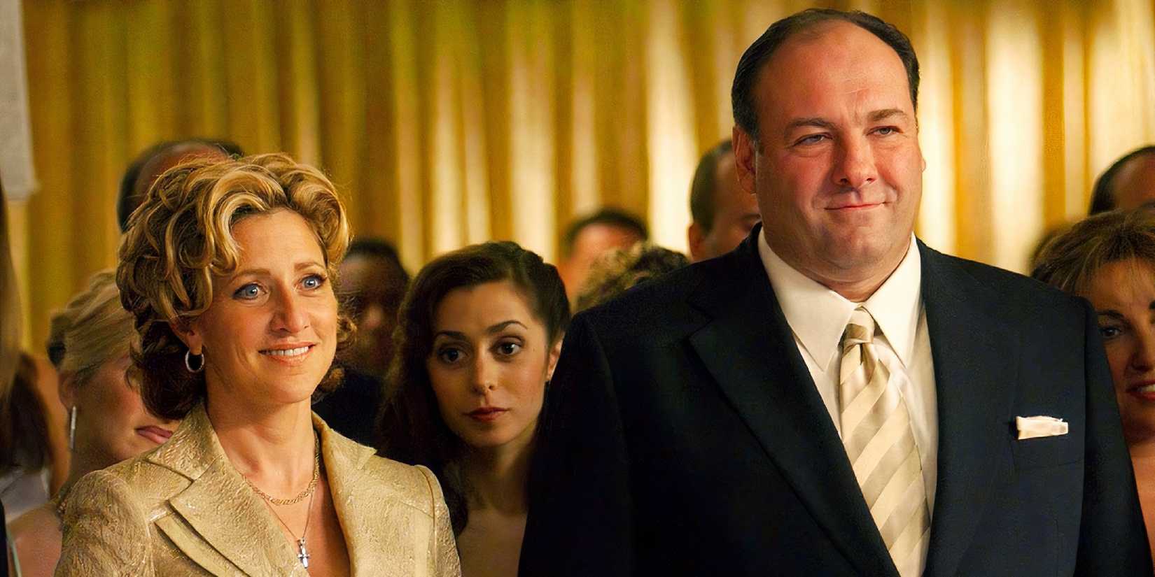 Edie Falco and James Gandolfini in The Sopranos looking at each other