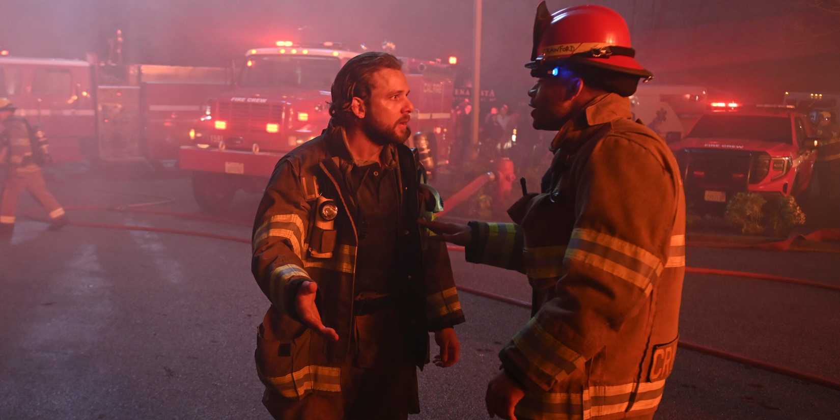Max Thieriot as Bode and Jordan Calloway as Jake on Fire Country