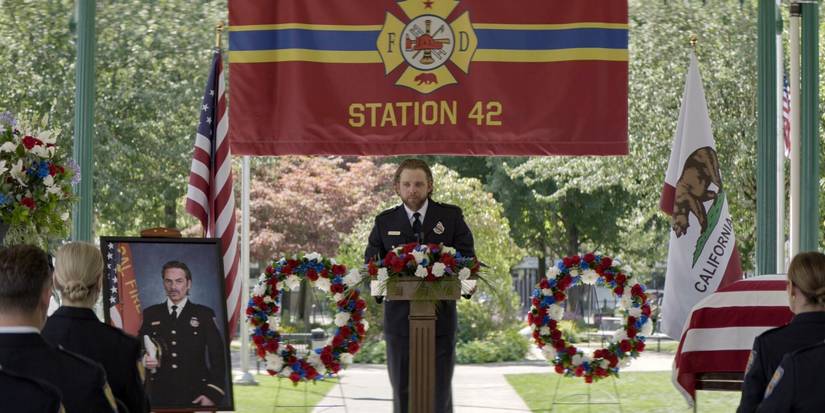 Max Thieriot as Bode Leone speaking at his father Vince Leone's funeral in Fire Country Season 4