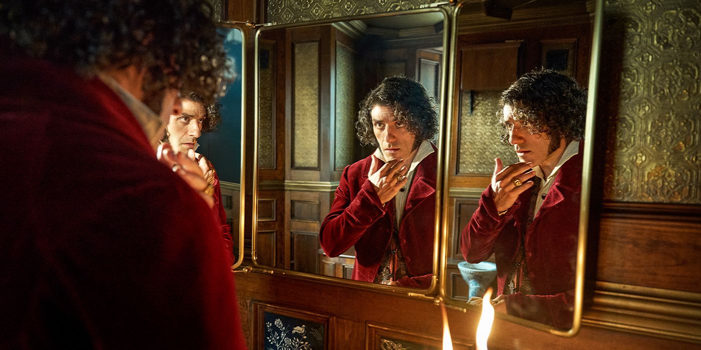 Victor Frankenstein stands at a vanity mirror, touching his face, with three reflections looking back.