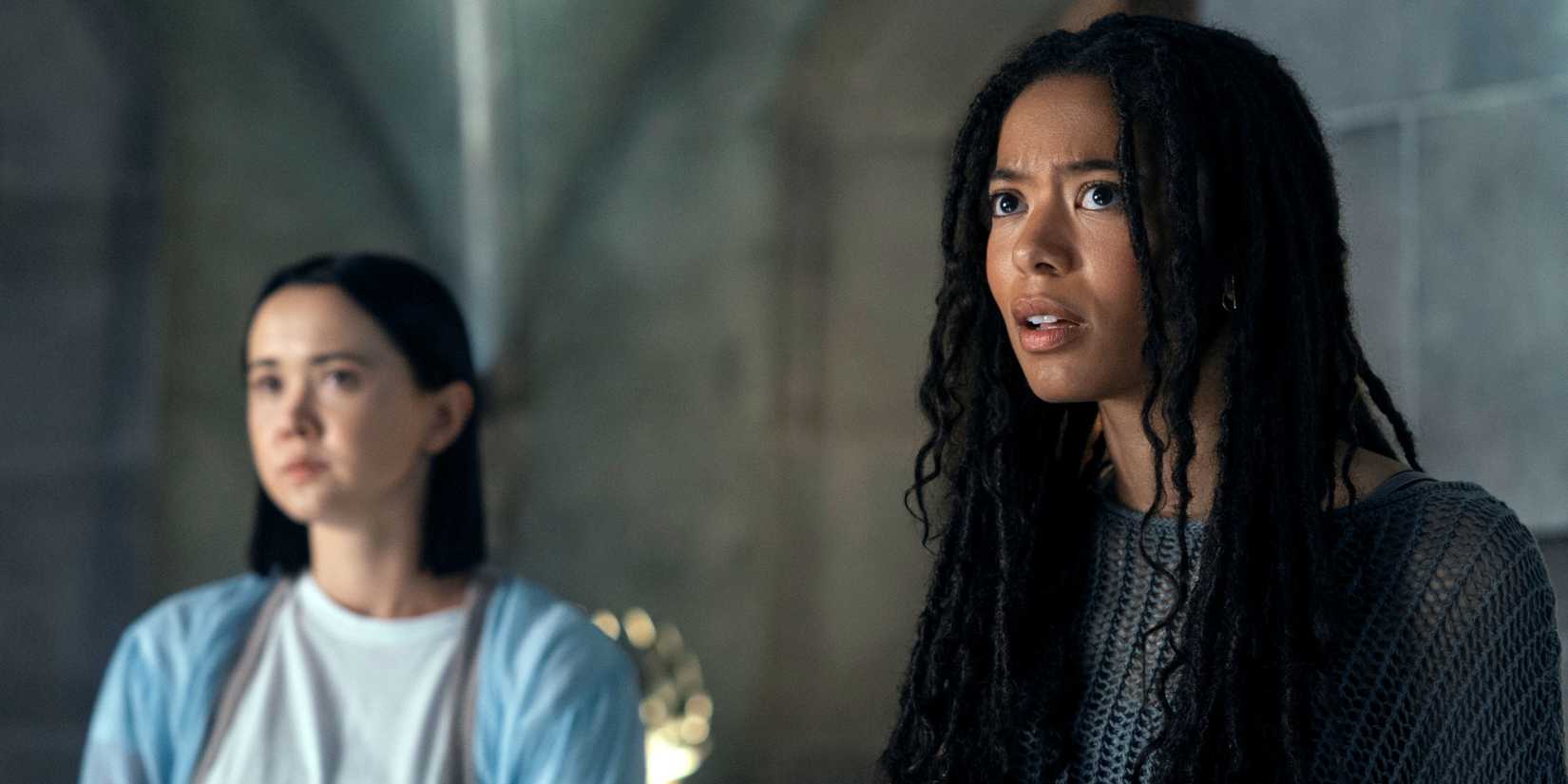 Jaz Sinclair as Marie standing with London Thor as Jordan in the background in Gen V Season 2