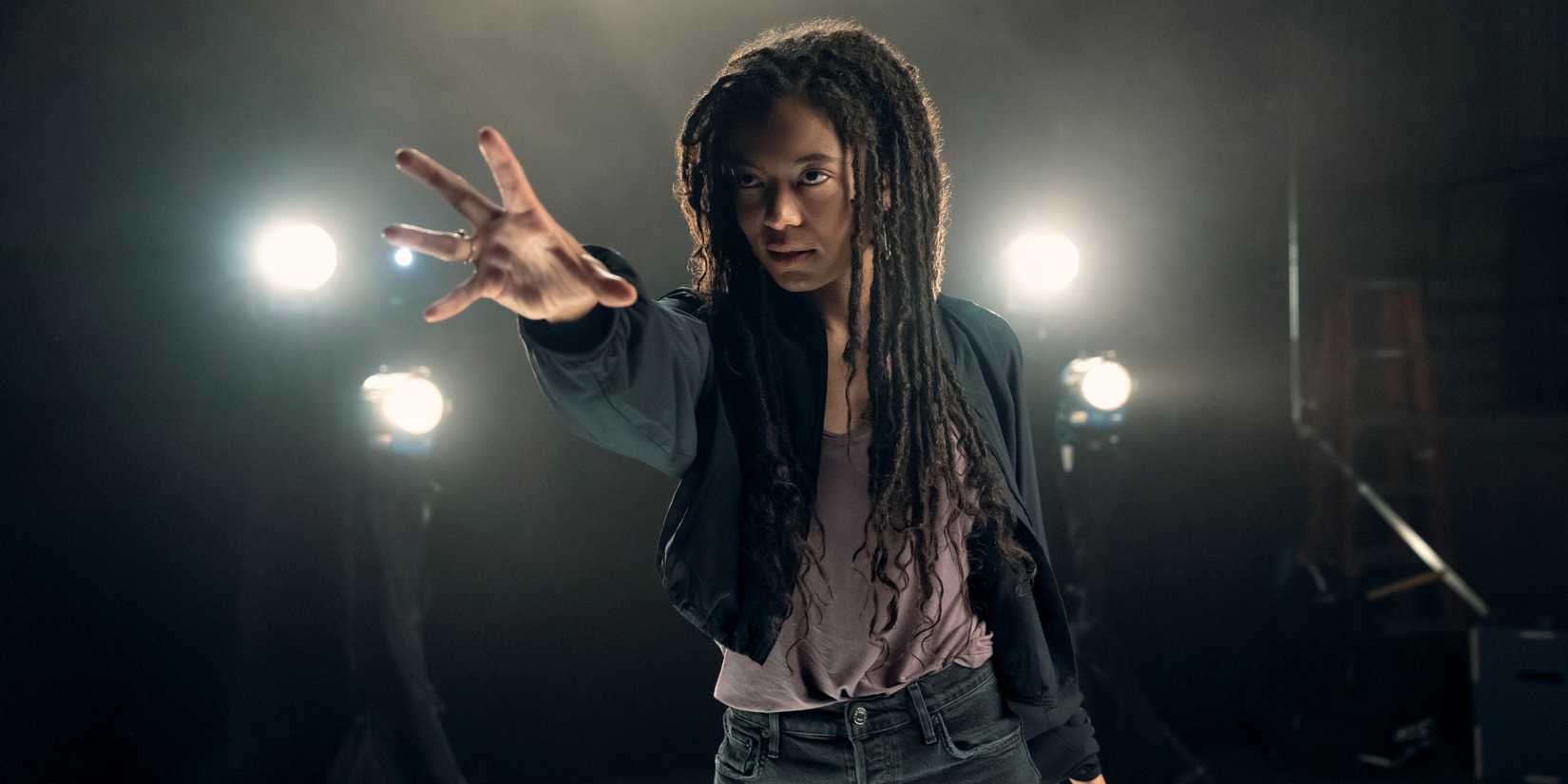 Jaz Sinclair as Marie Moreau with her right arm and hand stretched out in front of her in Gen V Season 2.