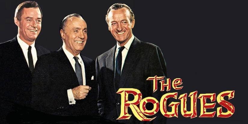 Gig Young, Charles Boyer and David Niven in a promotional card for The Rogues.