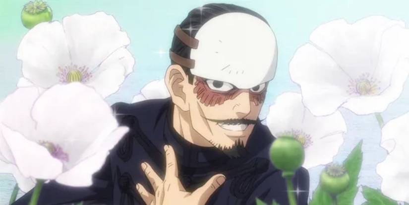 Tsurumi looking dazzling with flowers around him in Golden Kamuy