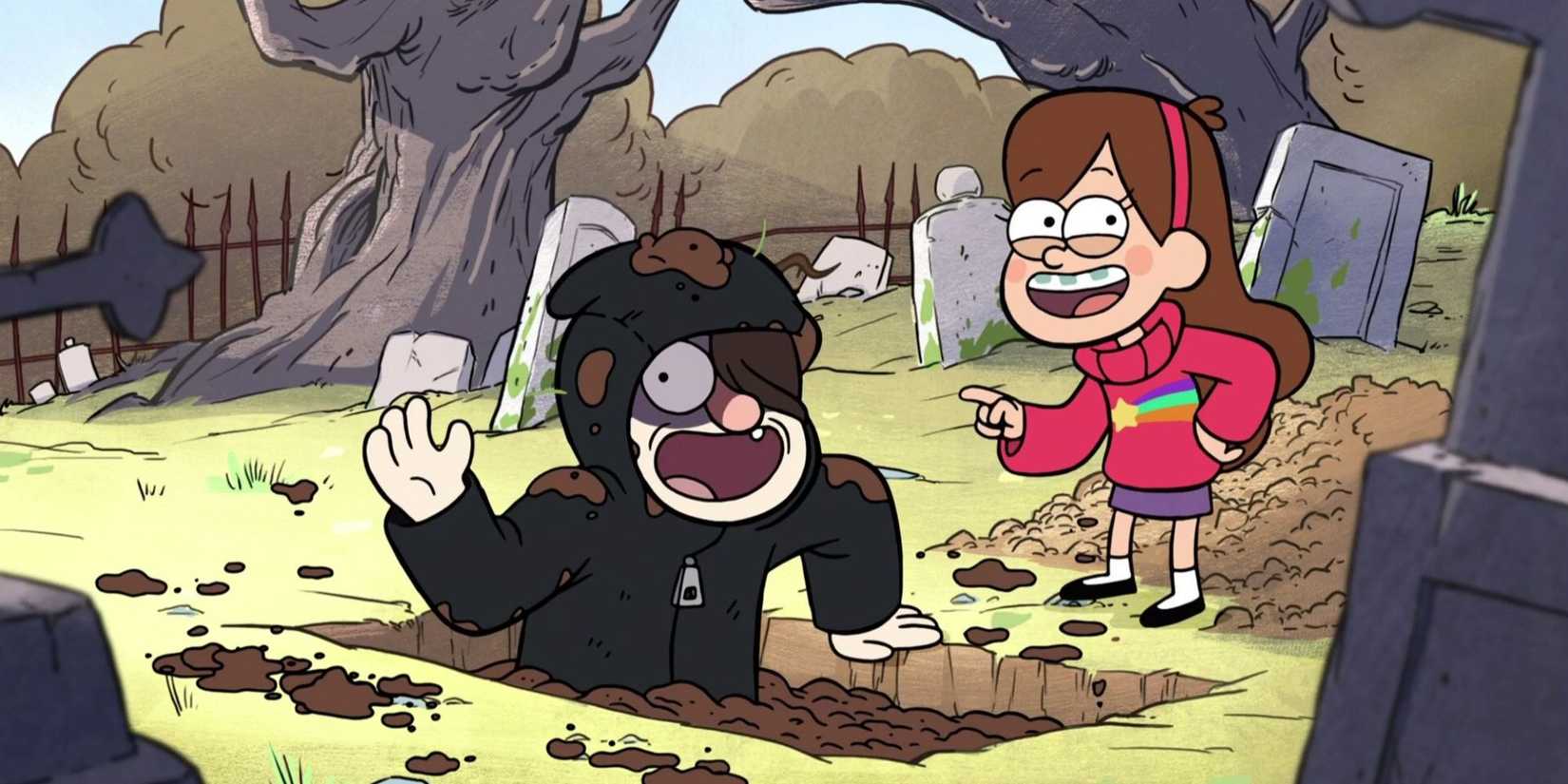 A girl in a star rainbow sweater stands next to a person in a grave and they both smile in Gravity Falls.