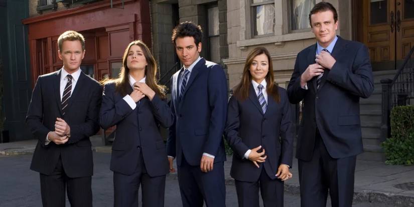 The main cast of How I Met Your Mother wearing suits.