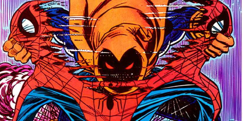 Hobgoblin tearing the Spider-Man costume in half in Marvel Comics