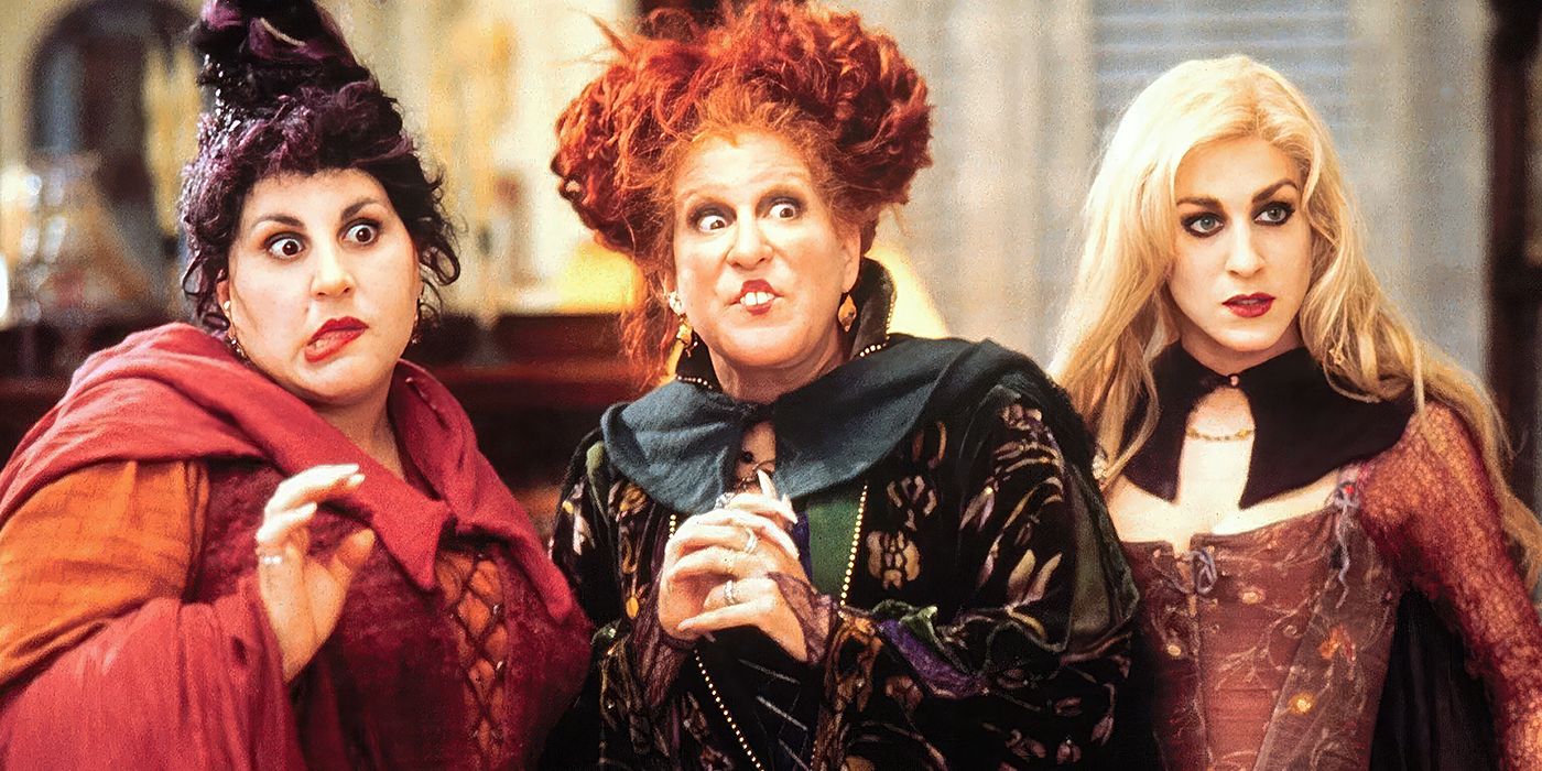 Kathy Najimy, Bette Midler, and Sarah Jessica Parker as the Sanderson Sisters look ahead in Hocus Pocus.