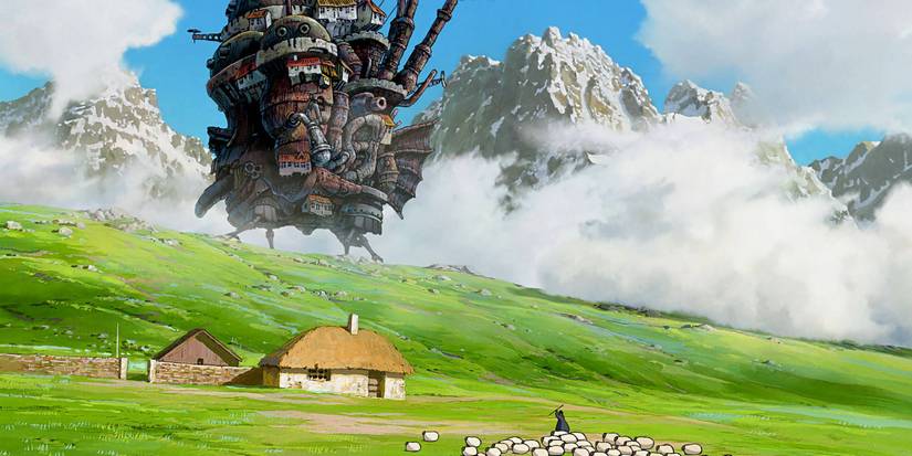 A small cabin with a massive moving castle in the background in Howl's Moving Castle