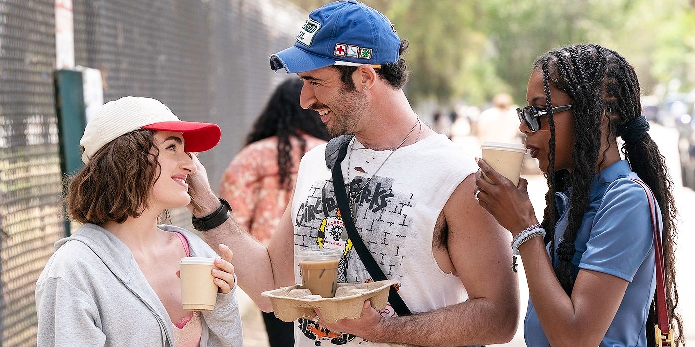 Rachel Sennott's Maia smiling with Jordan Firstman's Charlie and True Whitaker's Alani