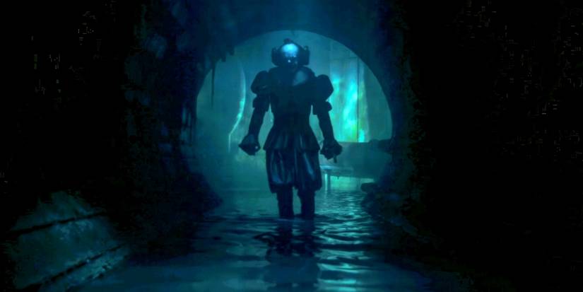 Bill Skarsgard sebagai Pennywise si Badut Menari berdiri di selokan di IT: Selamat datang di Derry