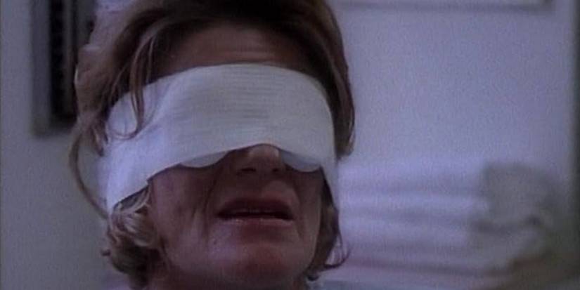 Jean Reed (Jackie Burroughs) with bandaged eyes in 'The Twilight Zone' 1985 episode "Many, Many Monkeys."