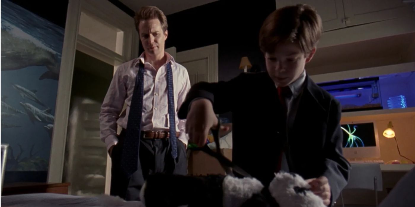 Sam Rockwell and Jacob Kogan cutting up a panda in Joshua.