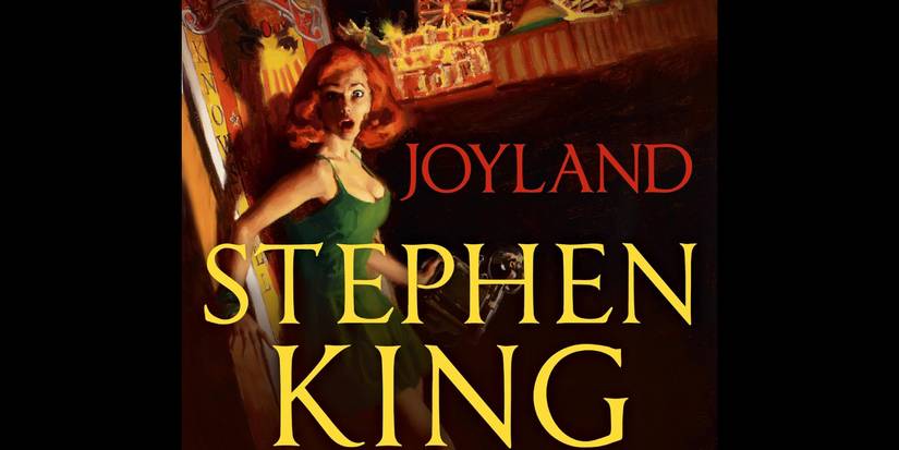 A woman with red hair looks shocked on the book cover of Joyland by Stephen King.