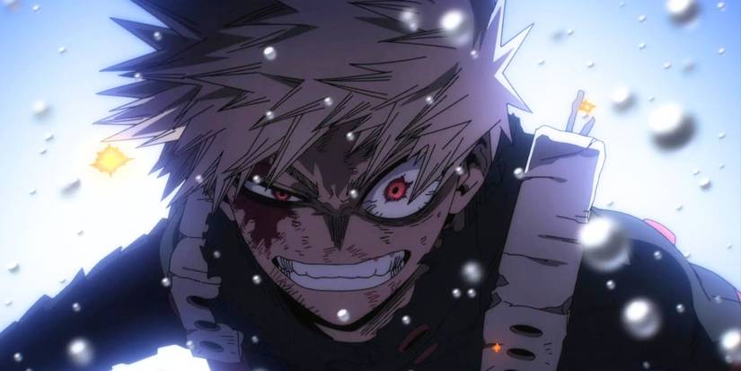 Katsuki Bakugo menyeringai dengan ekspresi terganggu di My Hero Academia