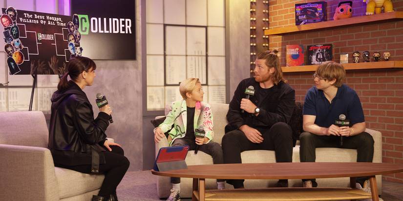 Dexter Sol Ansell, Peter Claffey, and Ira Parker at the media studio with Perri Nemiroff at NYCC 2025.