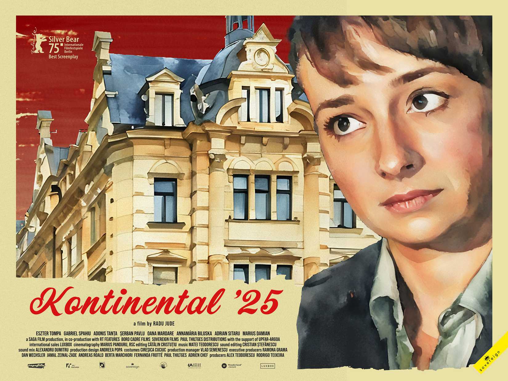 Eszter Tompa looking sad against the backdrop of a building on the Kontinental '25 poster