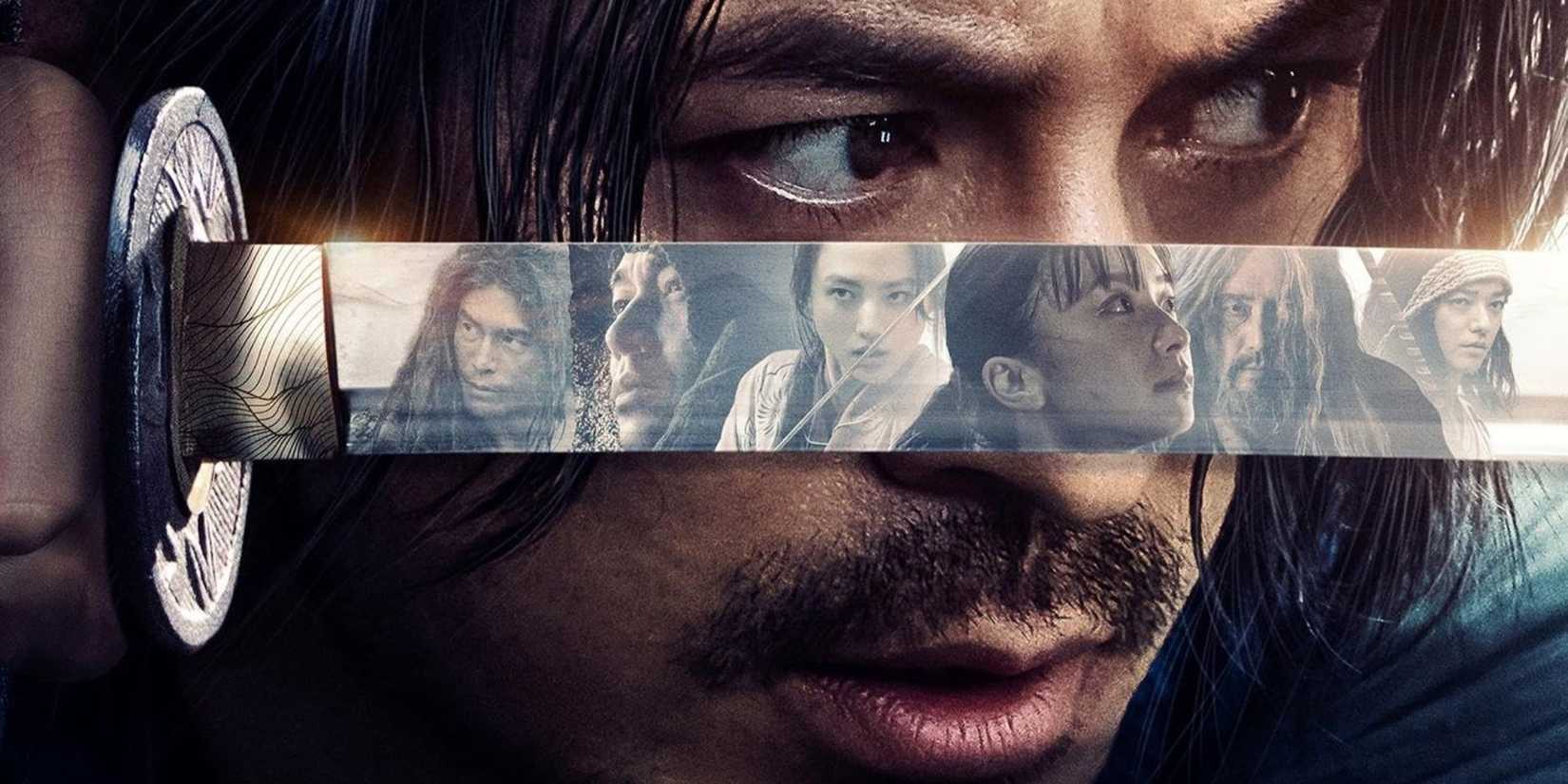 Images of people reflected in the sword of a man holding it close to his face in Last Samurai Standing.