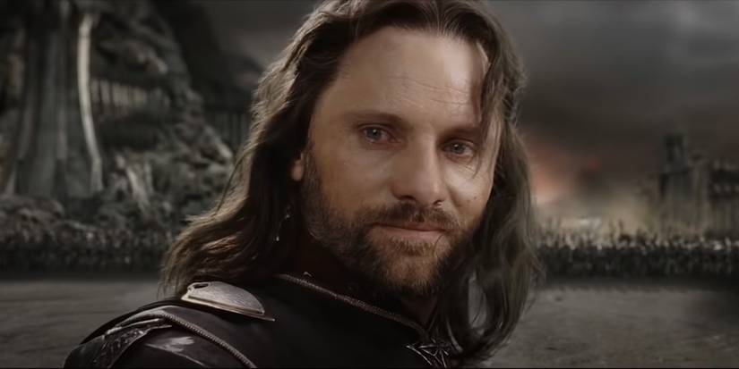 Aragorn looks at his friends at the battle of the Black Gate in Lord of the Rings: Returni of the King