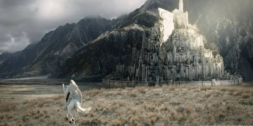 Gandalf rides toward the white city of Minas Tirith in The Lord of the Rings: The Return of the King
